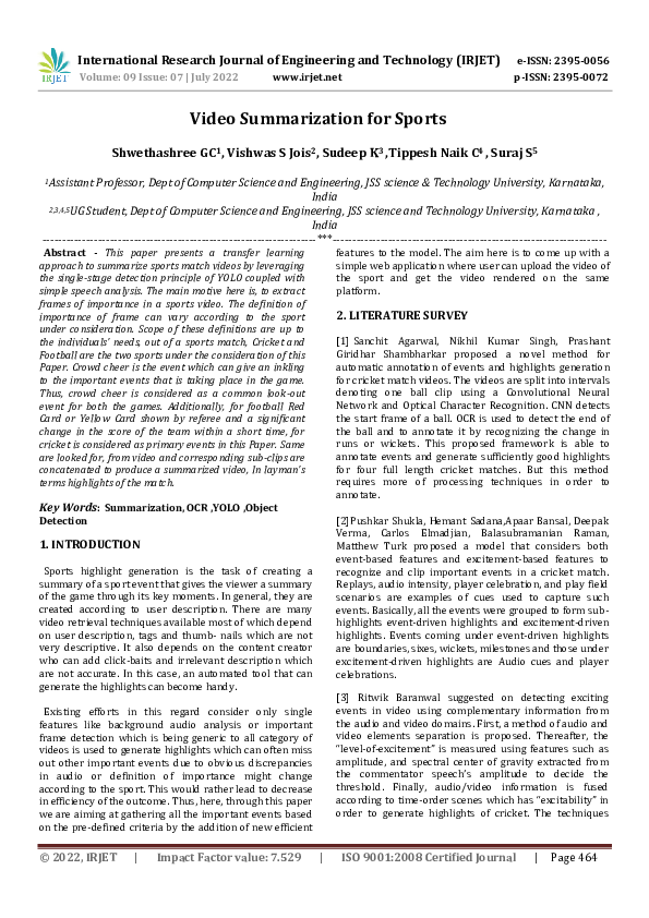 (PDF) Video Summarization for Sports