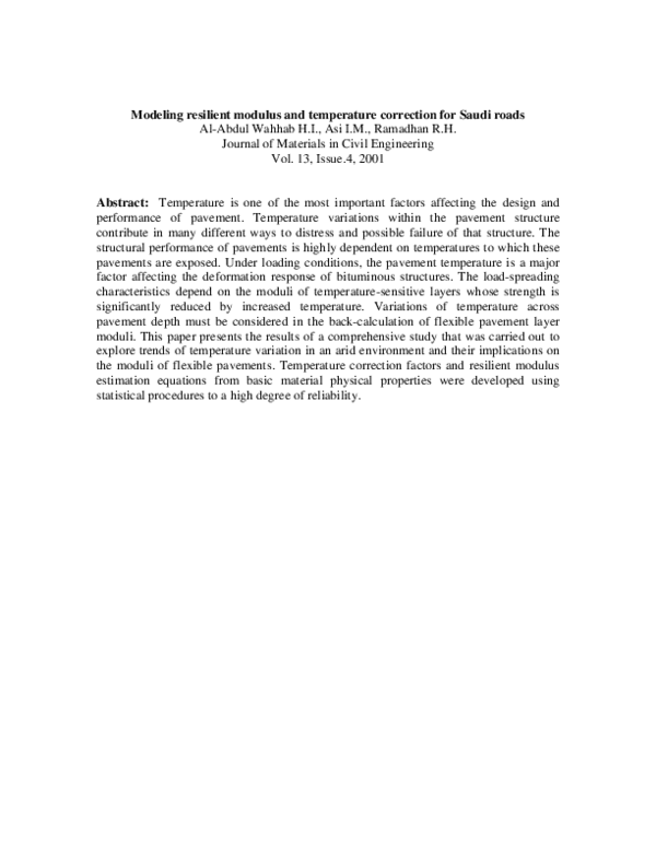 (PDF) Modeling Resilient Modulus and Temperature Correction for Saudi Roads