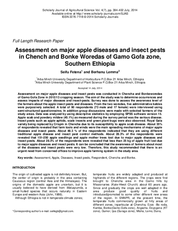 (PDF) Assessment on major apple diseases and insect pests in Chench and ...