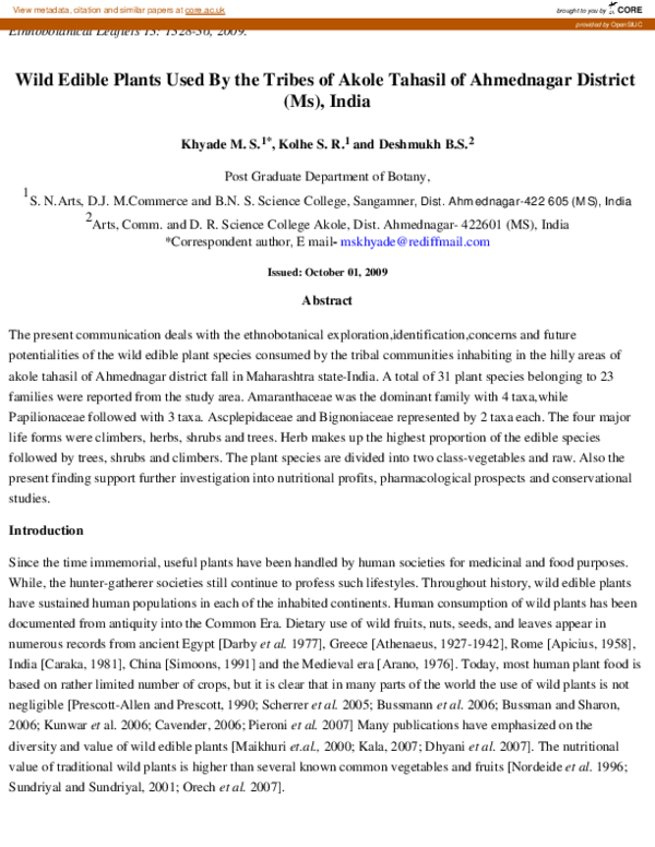 (PDF) Wild Edible Plants Used By the Tribes of Akole Tahasil of ...