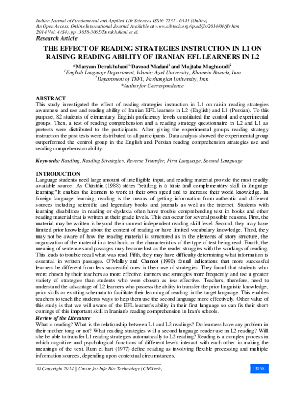 (PDF) The Effect of Reading Strategies Instruction in L1 on Raising ...