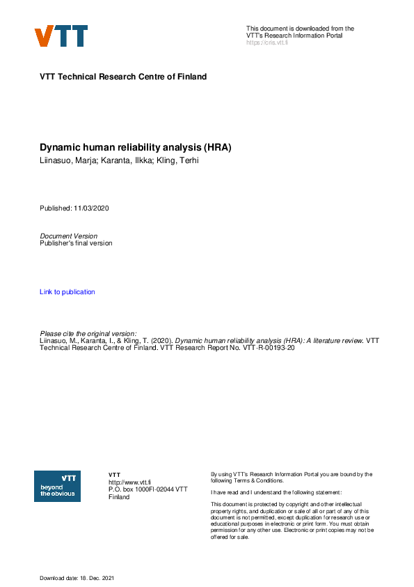 (PDF) Dynamic human reliability analysis (HRA):A literature review