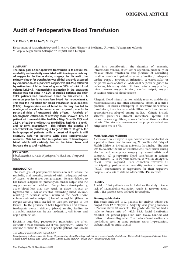 (PDF) Audit of perioperative blood transfusion
