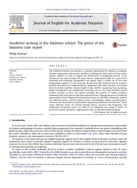 (PDF) Academic writing in the business school: The genre of the ...