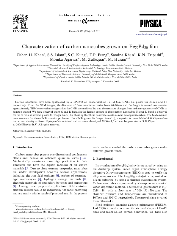 (PDF) Characterization of carbon nanotubes grown on film