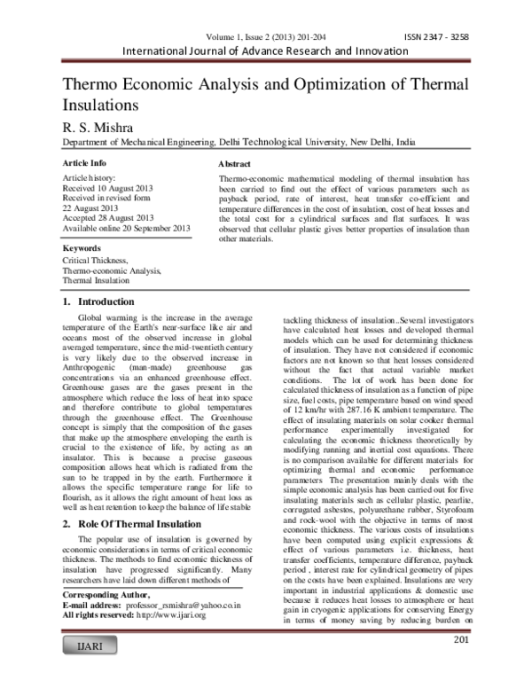 (PDF) Thermo Economic Analysis and Optimization of Thermal Insulations