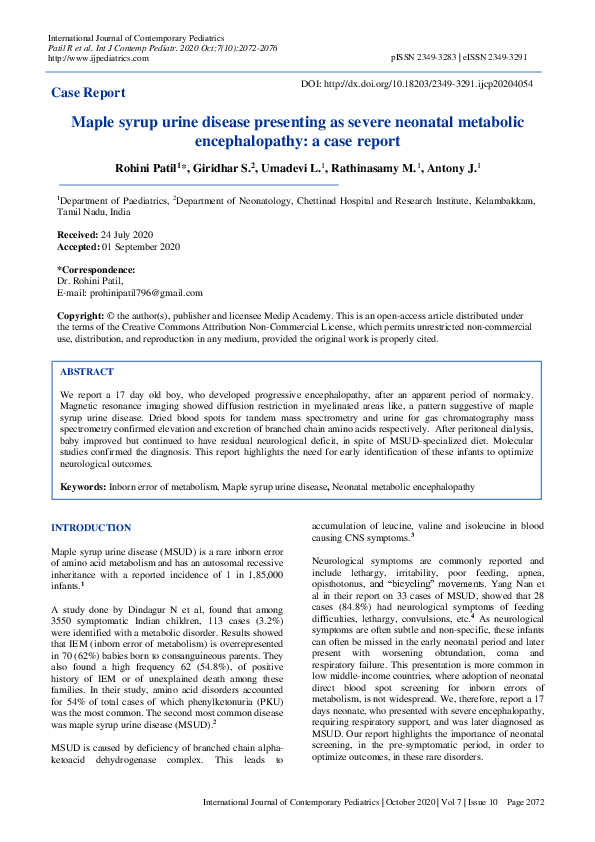 (PDF) Maple syrup urine disease presenting as severe neonatal metabolic ...