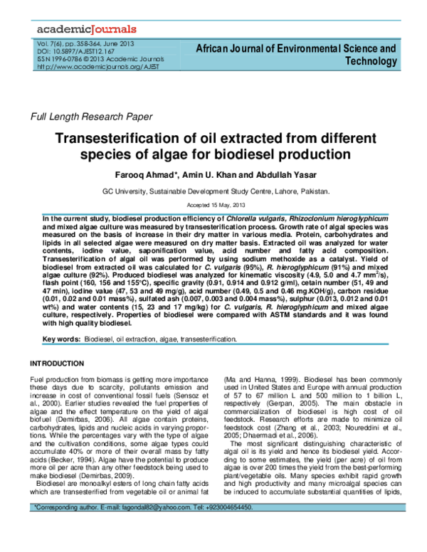 (PDF) Transesterification of oil extracted from different species of ...