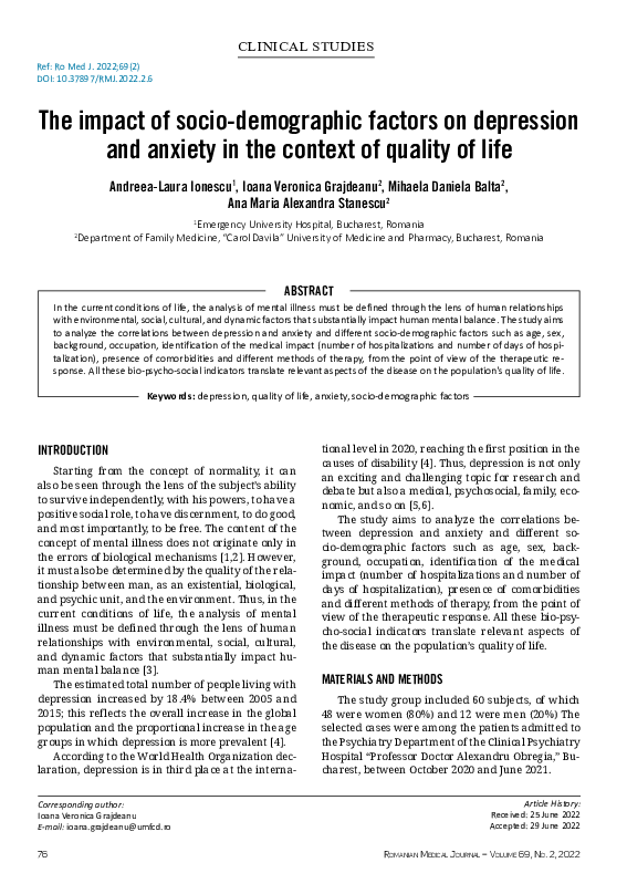 (PDF) The impact of socio-demographic factors on depression and anxiety ...