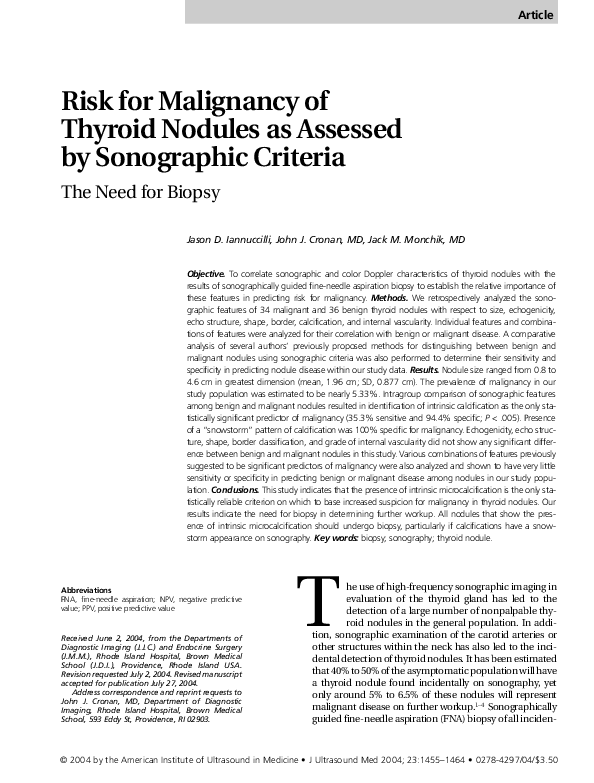 (PDF) Risk for Malignancy of Thyroid Nodules as Assessed by Sonographic ...