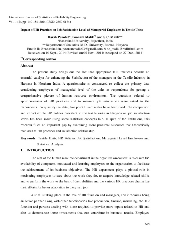 (PDF) Impact of HR Practices on Job Satisfaction Level of Managerial ...