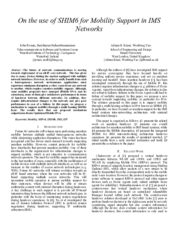 (PDF) On the use of SHIM6 for Mobility Support in IMS Networks