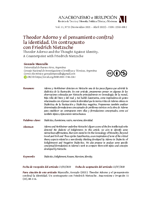 (PDF) Theodor Adorno y el pensamiento con(tra) la identidad. Un
