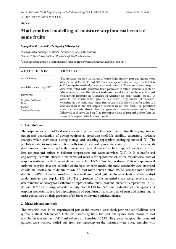 (PDF) Mathematical modelling of moisture sorption isotherms of some fruits