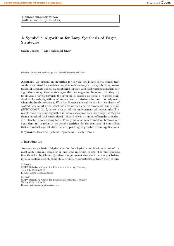 (PDF) A symbolic algorithm for lazy synthesis of eager strategies