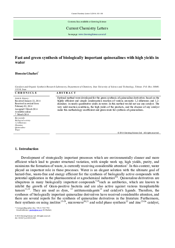 (PDF) Fast and green synthesis of biologically important quinoxalines ...