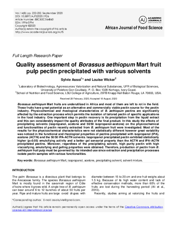 (PDF) Quality assessment of Borassus aethiopum Mart fruit pulp pectin