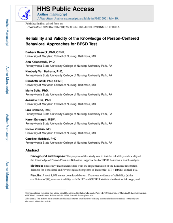 (PDF) Reliability and Validity of the Knowledge of Person-Centered ...