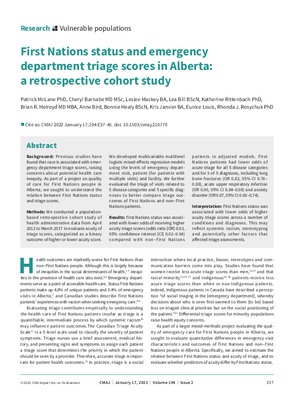 (PDF) First Nations status and emergency department triage scores in Alberta a retrospective