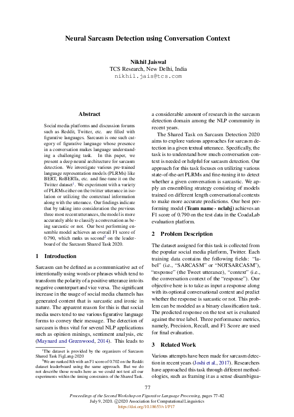 (PDF) Neural Sarcasm Detection using Conversation Context