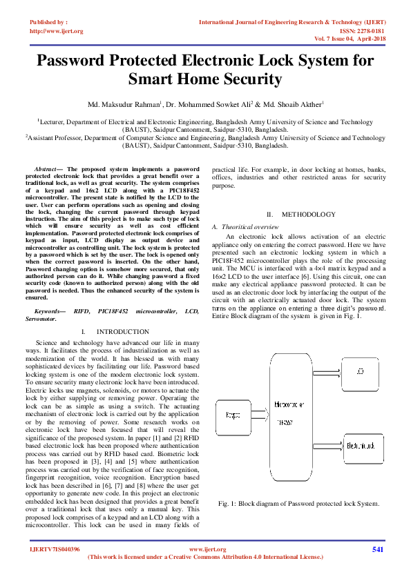 (PDF) Password Protected Electronic Lock System for Smart Home Security Shoaib Akther