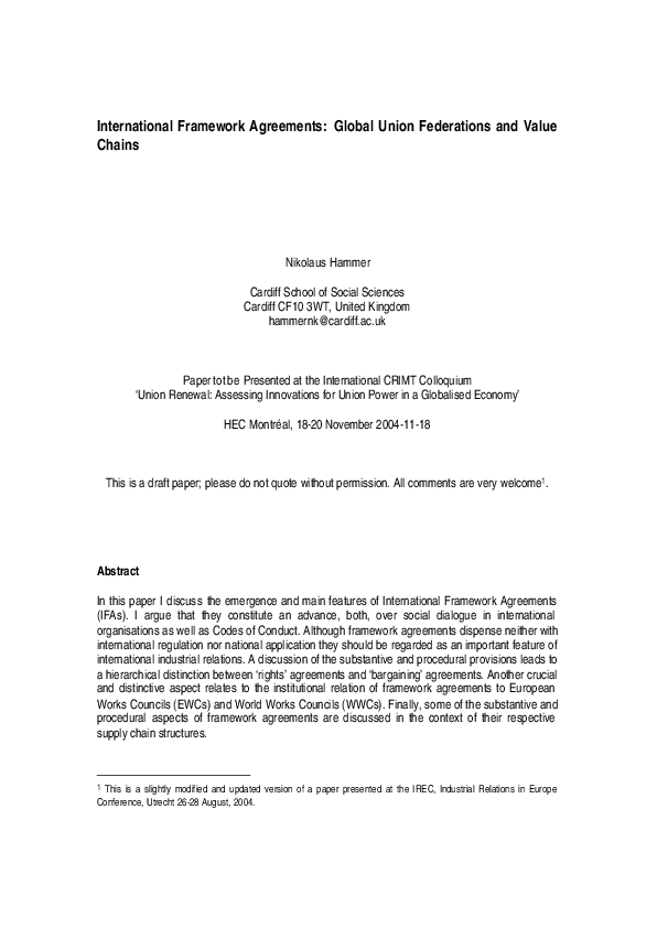 (PDF) International Framework Agreements: global industrial relations ...