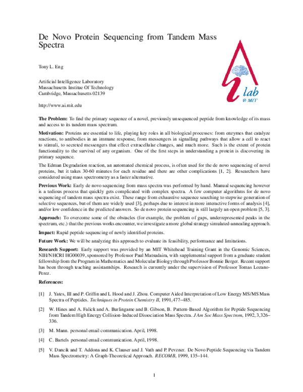 (PDF) De Novo Protein Sequencing from Tandem Mass Spectra