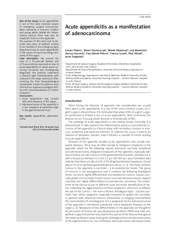 (PDF) Case report Acute appendicitis as a manifestation of adenocarcinoma