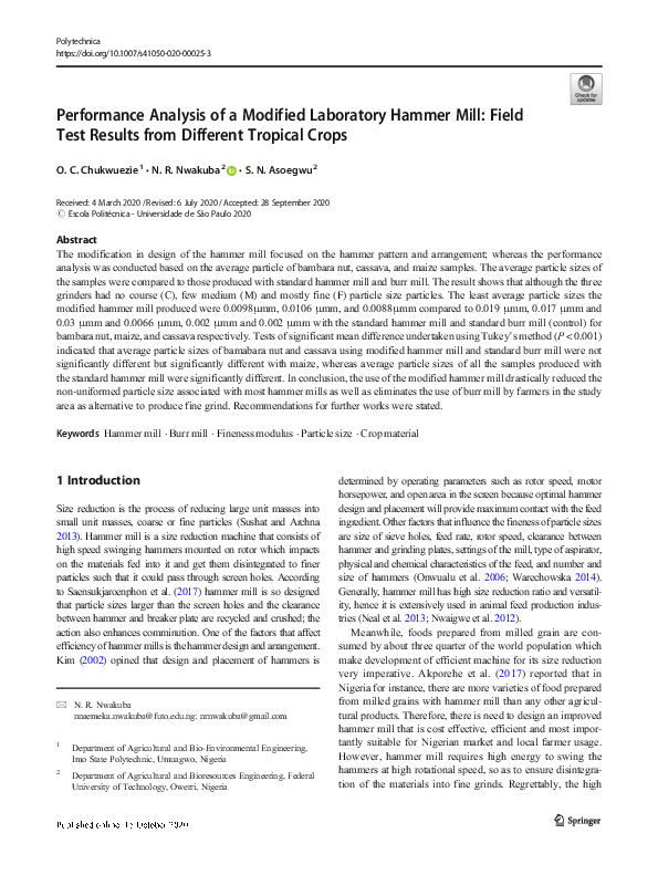 (PDF) Performance Analysis of a Modified Laboratory Hammer Mill: Field ...