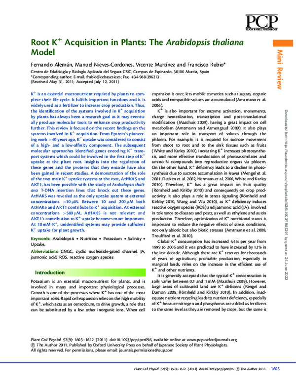 (PDF) Root K+ Acquisition in Plants: The Arabidopsis thaliana Model