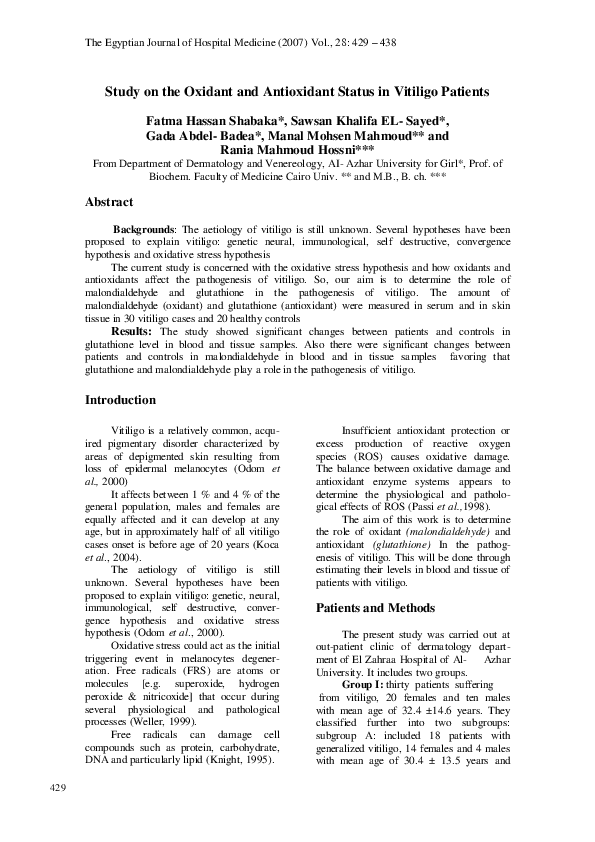 (PDF) Study on the Oxidant and Antioxidant Status in Vitiligo Patients