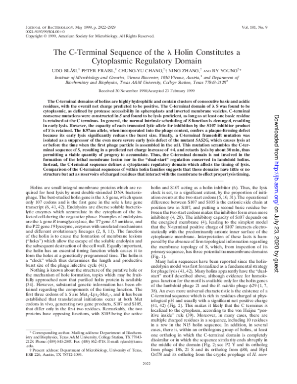 (PDF) The C-Terminal Sequence of the λ Holin Constitutes a Cytoplasmic ...