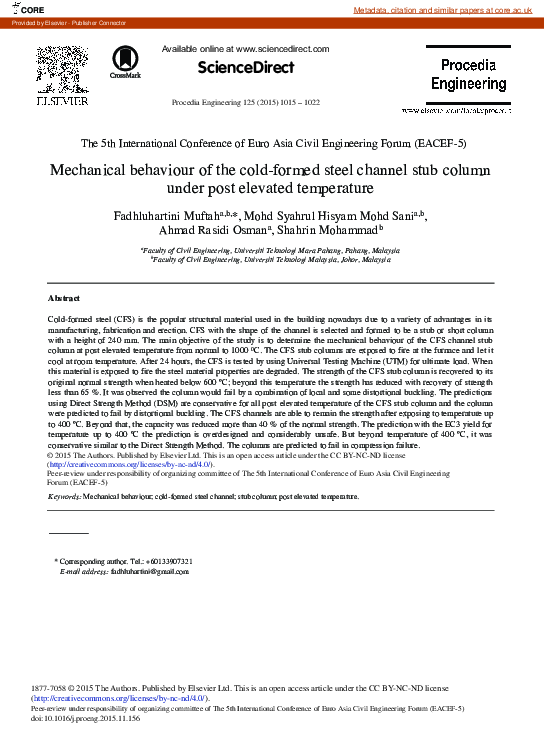 (PDF) Mechanical Behaviour of the Cold-formed Steel Channel Stub Column ...