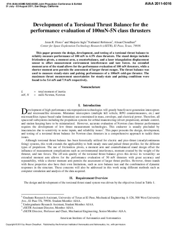 (PDF) Development of a Torsional Thrust Balance for the the performance ...