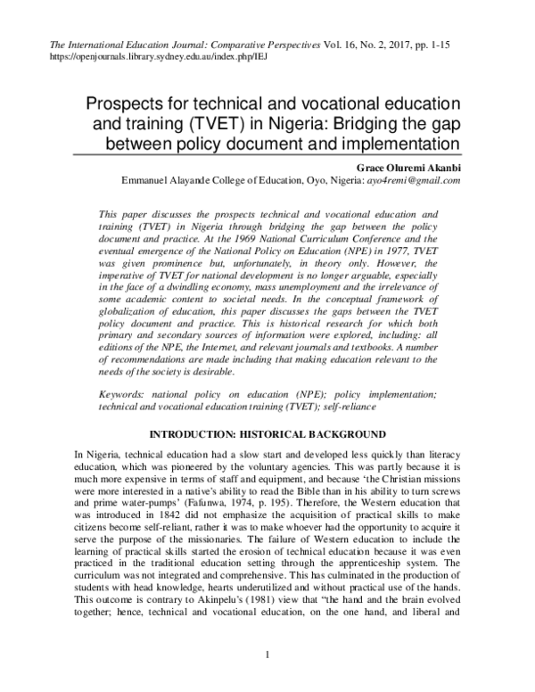 (PDF) Prospects for technical and vocational education and training ...