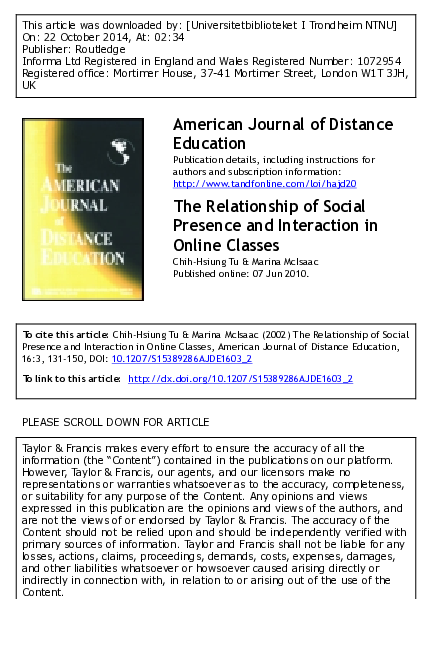 (PDF) The Relationship of Social Presence and Interaction in Online Classes