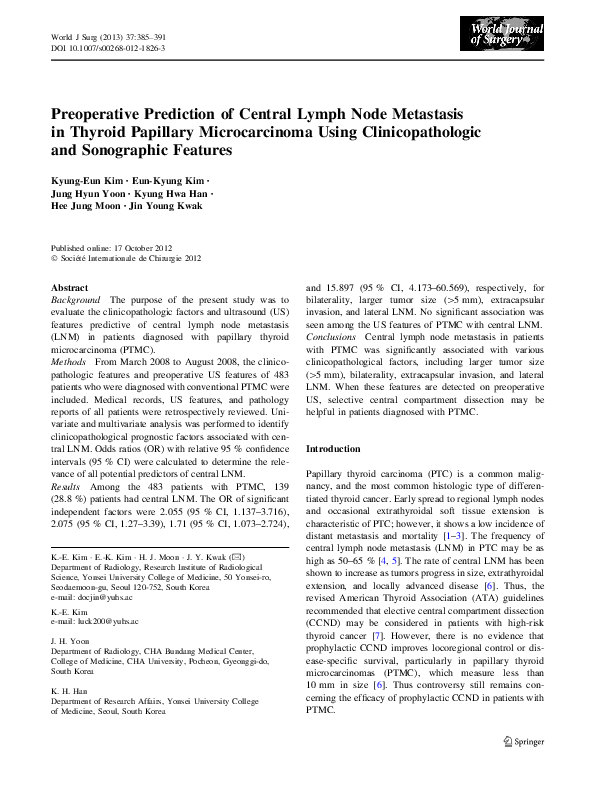(PDF) Preoperative Prediction of Central Lymph Node Metastasis in ...