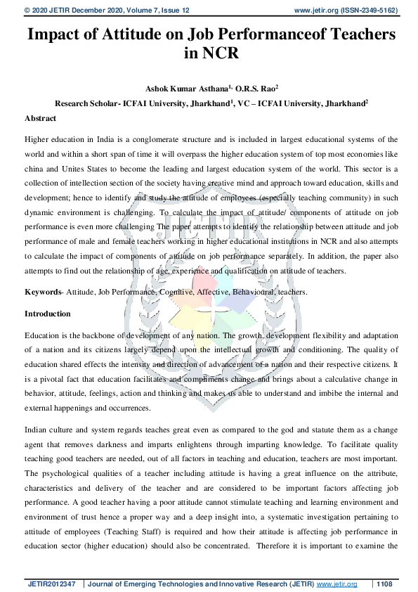 (PDF) Impact of Attitude on Job Performance of Teachers in NCR