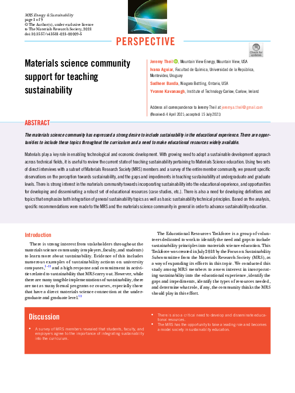 (PDF) Materials science community support for teaching sustainability
