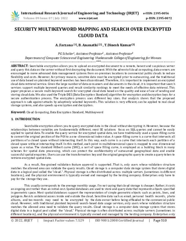(PDF) SECURITY MULTIKEYWORD MAPPING AND SEARCH OVER ENCRYPTED CLOUD DATA