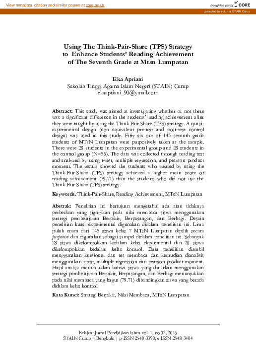 (PDF) Using The Think-Pair-Share (TPS) Strategy to Enhance Studentsâ ...
