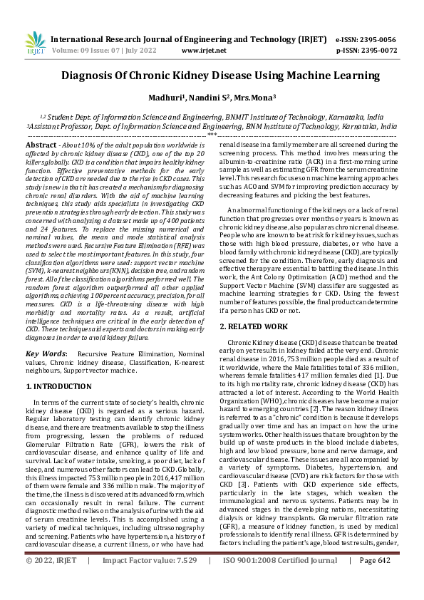 (PDF) Diagnosis Of Chronic Kidney Disease Using Machine Learning