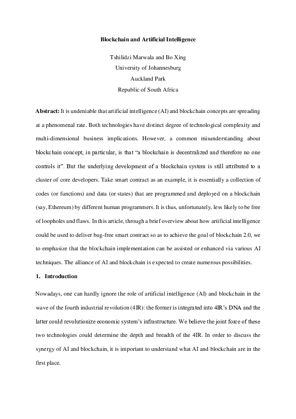 (PDF) Blockchain and Artificial Intelligence