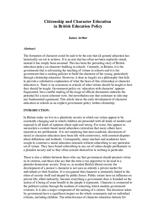 (PDF) Citizenship and Character Education in British Education Policy