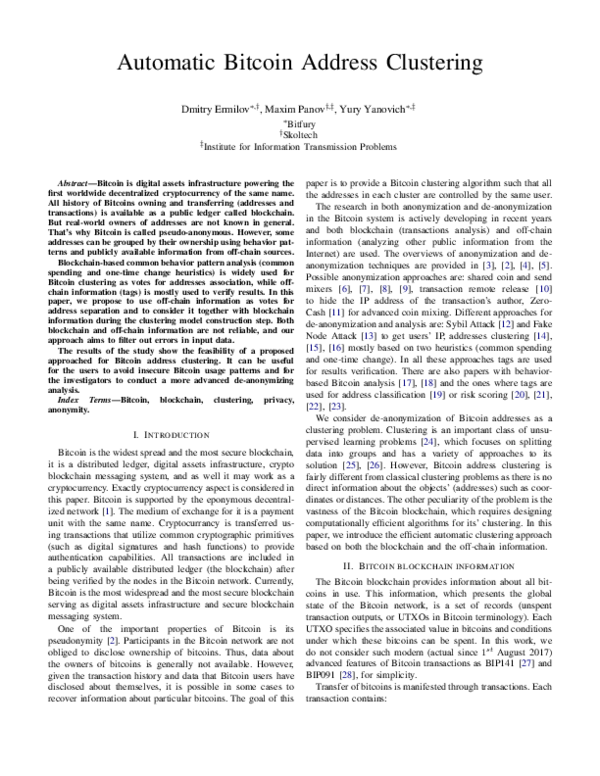 (PDF) Automatic Bitcoin Address Clustering