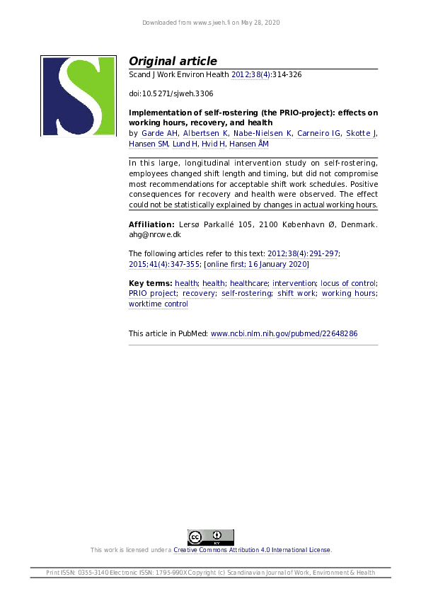 (PDF) Implementation of self-rostering (the PRIO-project): effects on ...