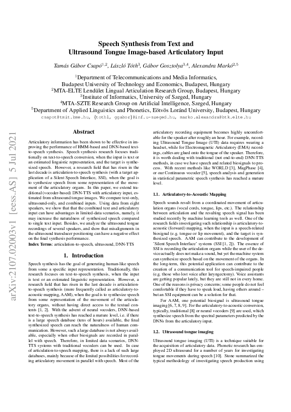 (PDF) Speech Synthesis from Text and Ultrasound Tongue Image-based ...