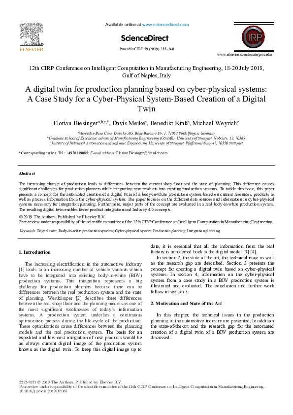 (PDF) A digital twin for production planning based on cyber-physical ...