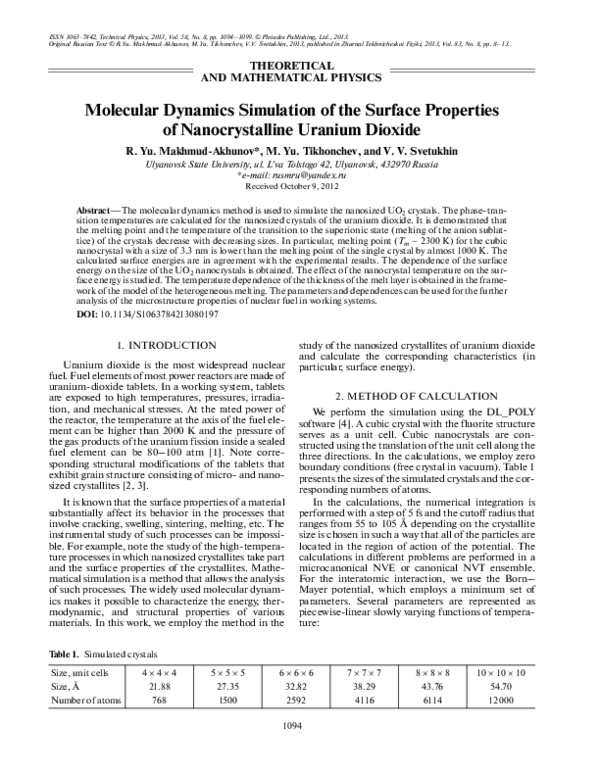(PDF) Molecular dynamics simulation of the surface properties of ...