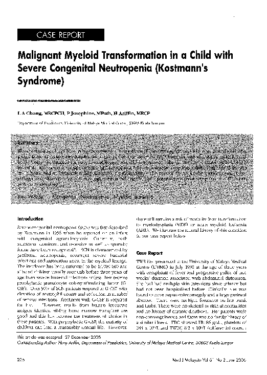 (PDF) Malignant myeloid transformation in a child with severe ...